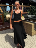 Hugcitar Fashion 2 Pcs Sets Halter Solid Backless Lace Up Sexy Crop Tank Top Ruched Maxi Skirt Women Outfit Beach Vacation Sport