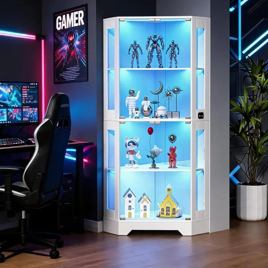 65 White Corner Collectible Curio Cabinet with Motion-Sensor 3-Color LED Light for Display and Storage