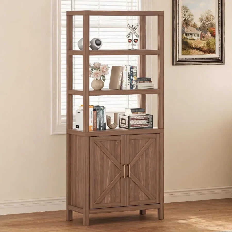Bookcase for living room, engineered wood in walnut brown, barn door design with smooth sliding mechanism and adjustable shelve