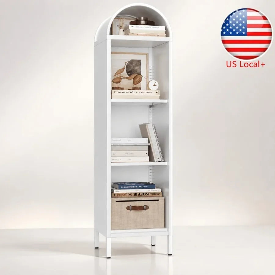 63 Metal Arched Bookshelf for Living Room, White Powder-Coated Steel, Space-Saving Narrow Open Display Cabinet with Rust-Resist