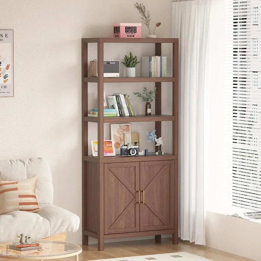 Bookcase for living room, engineered wood in walnut brown, barn door design with smooth sliding mechanism and adjustable shelve