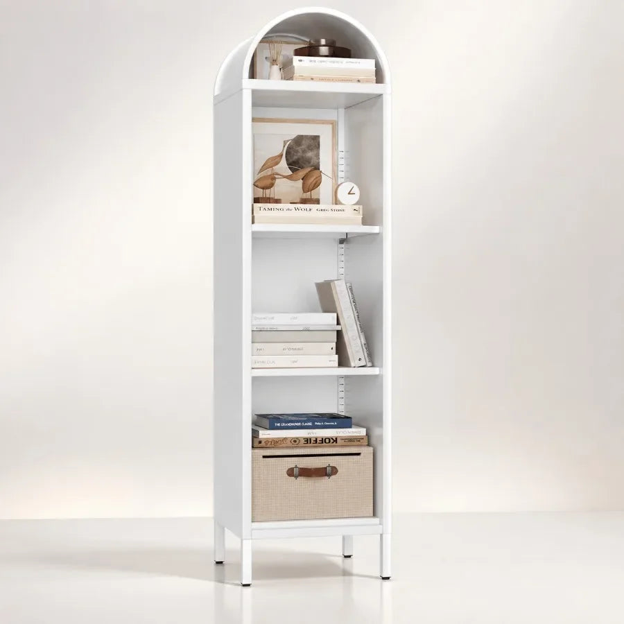 63 Metal Arched Bookshelf for Living Room, White Powder-Coated Steel, Space-Saving Narrow Open Display Cabinet with Rust-Resist