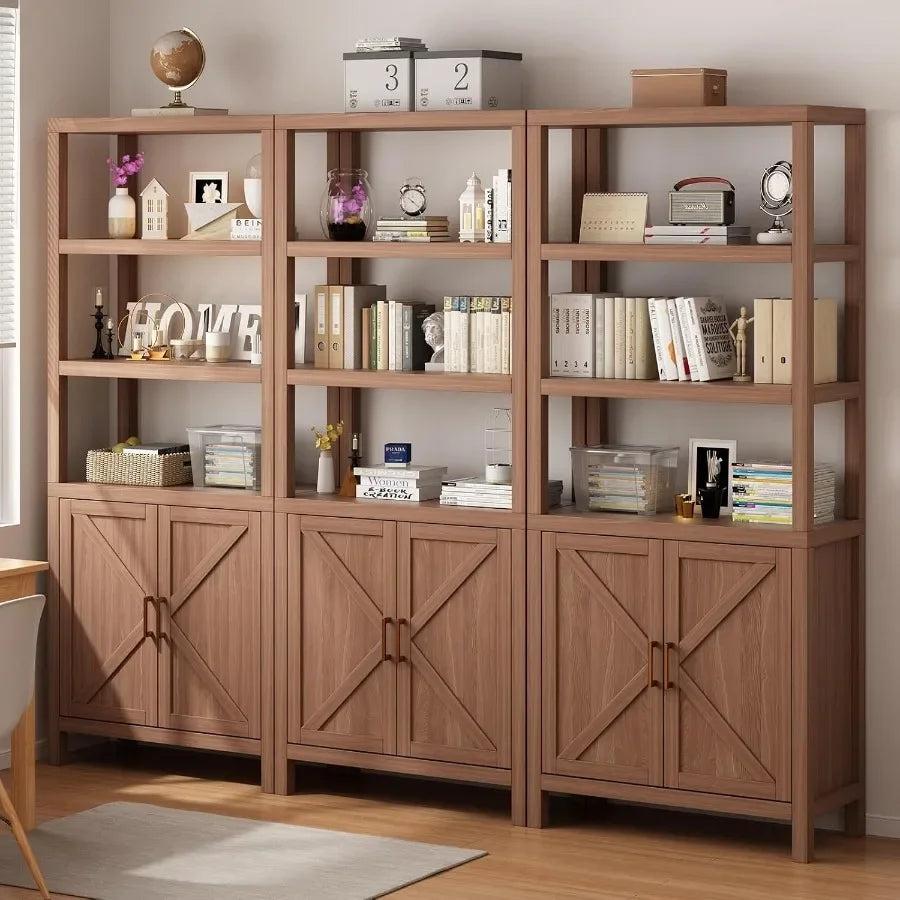 Bookcase for living room, engineered wood in walnut brown, barn door design with smooth sliding mechanism and adjustable shelve