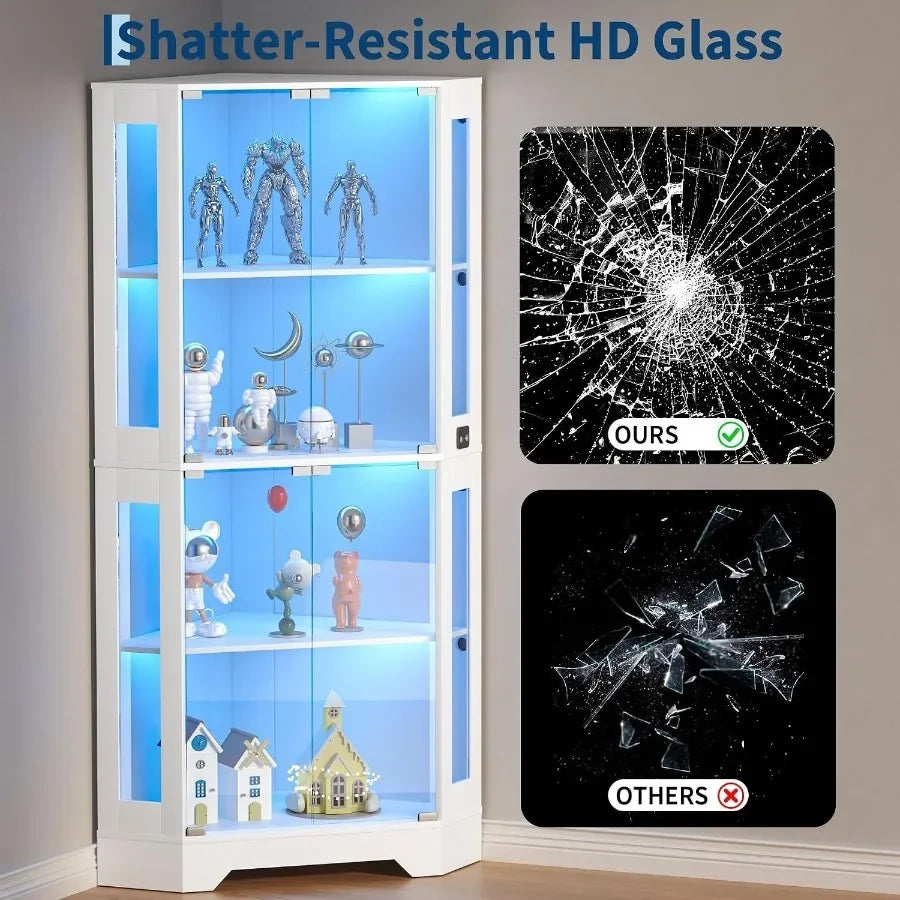 65 White Corner Collectible Curio Cabinet with Motion-Sensor 3-Color LED Light for Display and Storage