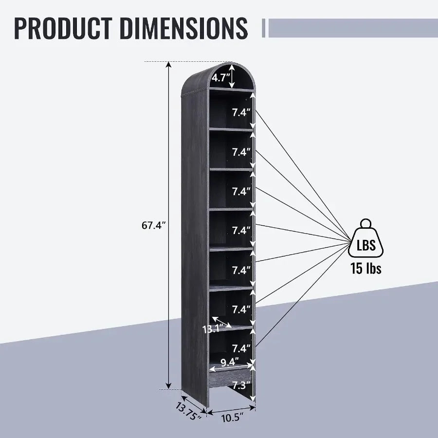 67 Tall Arched Bathroom Storage Cabinet, 8-Tier Modern Farmhouse Wood Freestanding Cabinet with Adjustable Shelves for Bathroom