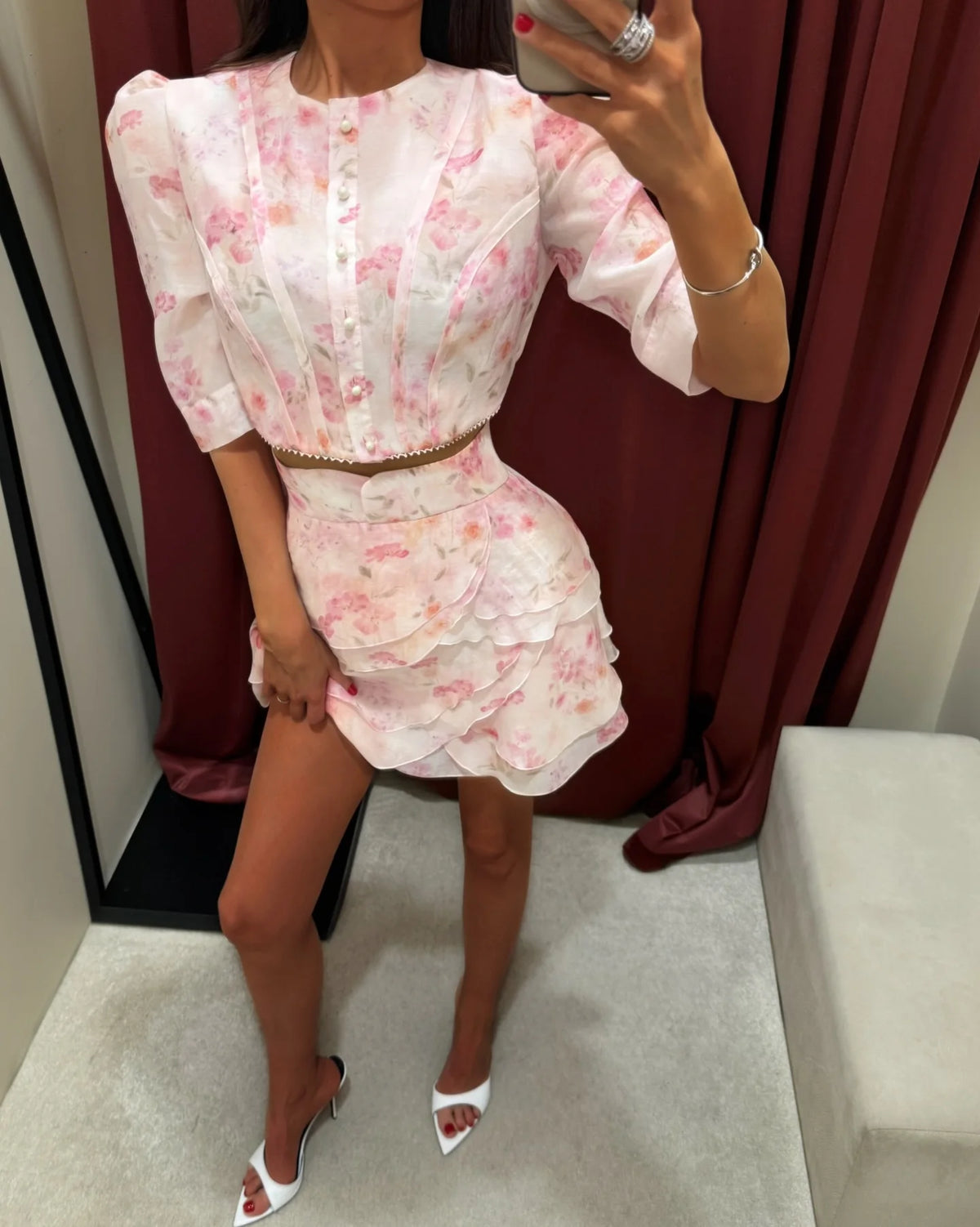 Women's Floral Print Two Piece Set 2026 New Women Puff Sleeve Crop Top + Tiered Ruffle Mini Skirt Casual Vacation Party Outfit