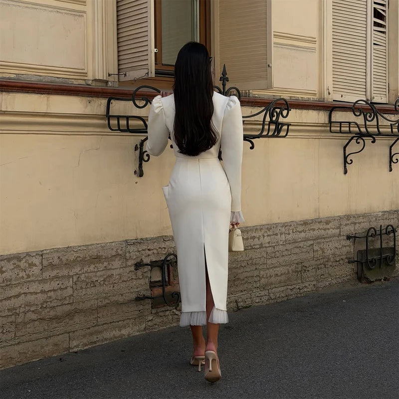 Women White Tulle Patchwork Skirt Set Solid V-neck Long Sleeve Cropped Top Slim Maxi Skirts Suit Lady 2026 Commuter Outfits