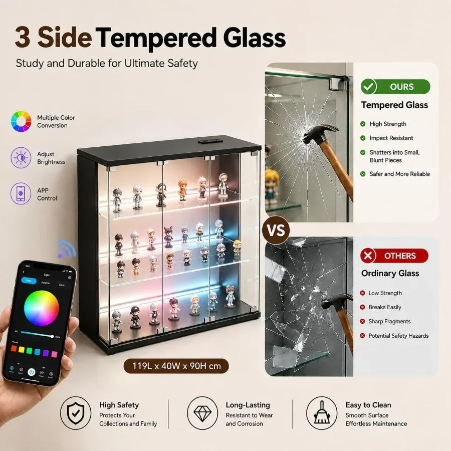 Display Cabinet for Living Room, Tempered Glass, White, 3-Tier Curio Cabinet with Adjustable Shelves and Built-in LED Light
