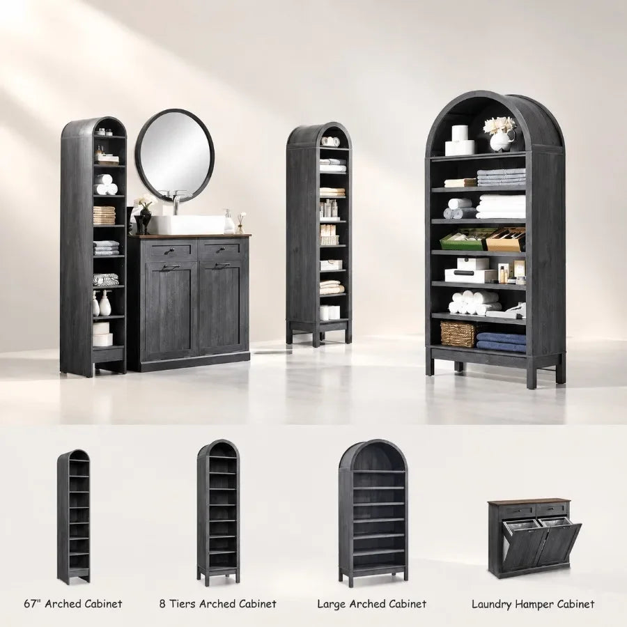 67 Tall Arched Bathroom Storage Cabinet, 8-Tier Modern Farmhouse Wood Freestanding Cabinet with Adjustable Shelves for Bathroom