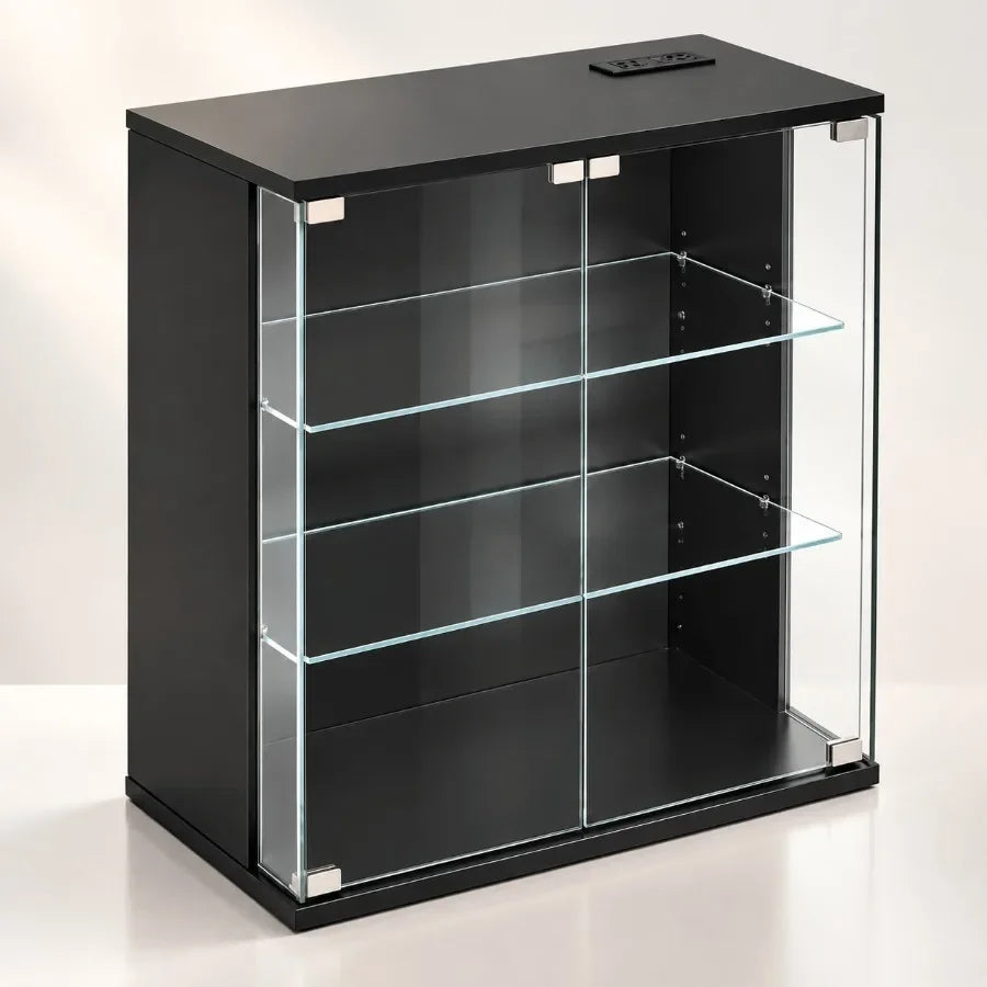 Display Cabinet for Living Room, Tempered Glass, White, 3-Tier Curio Cabinet with Adjustable Shelves and Built-in LED Light
