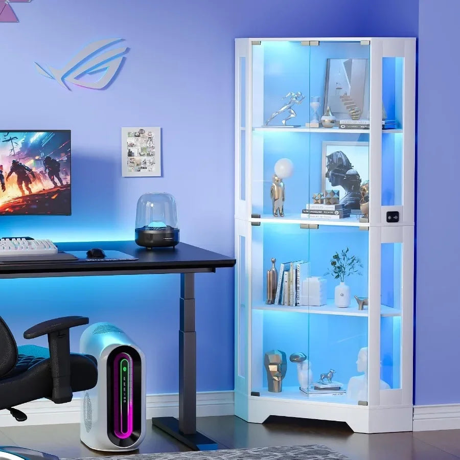 65 White Corner Collectible Curio Cabinet with Motion-Sensor 3-Color LED Light for Display and Storage