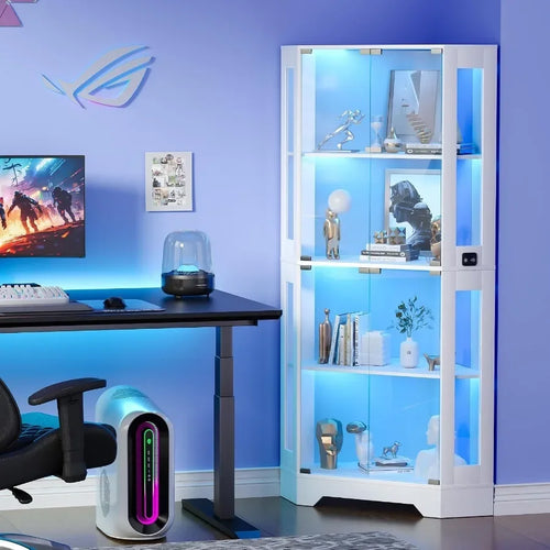 65 White Corner Collectible Curio Cabinet with Motion-Sensor 3-Color LED Light for Display and Storage