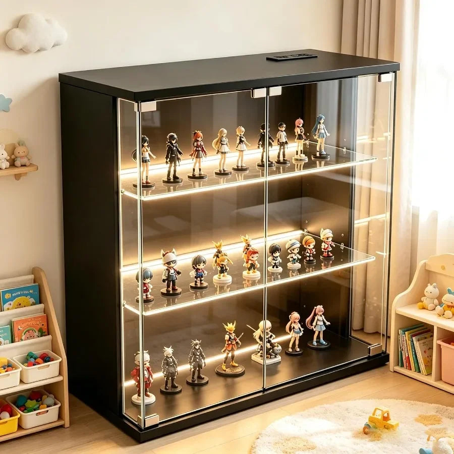 Display Cabinet for Living Room, Tempered Glass, White, 3-Tier Curio Cabinet with Adjustable Shelves and Built-in LED Light