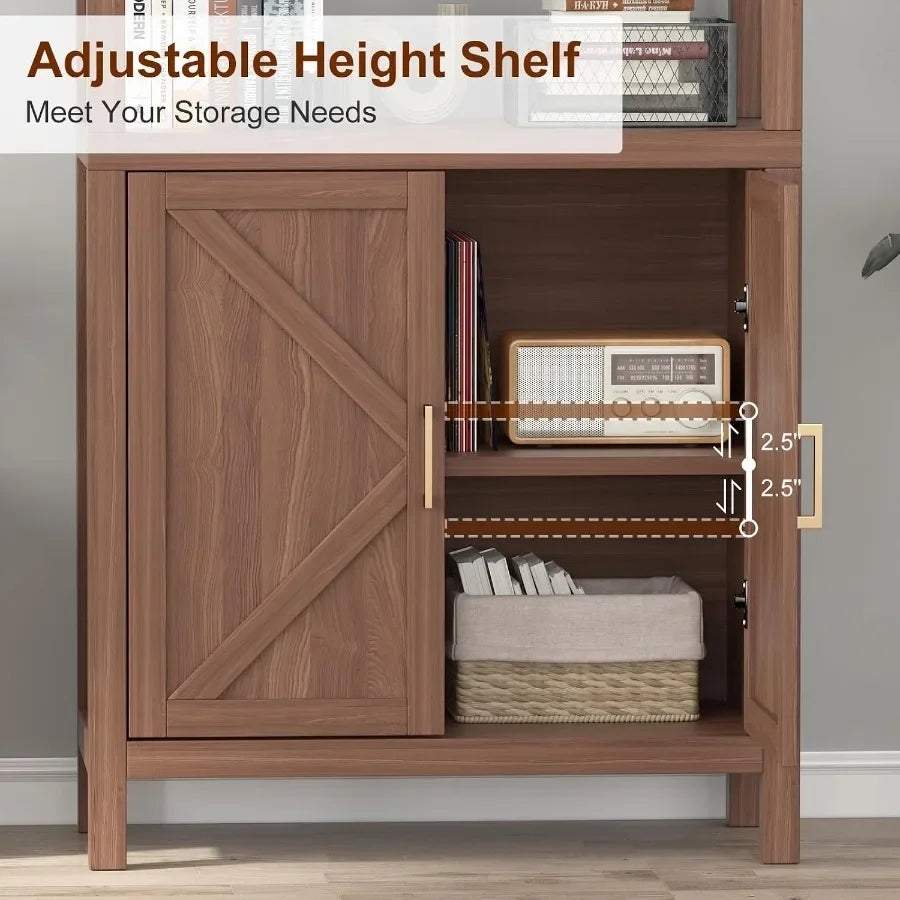 Bookcase for living room, engineered wood in walnut brown, barn door design with smooth sliding mechanism and adjustable shelve