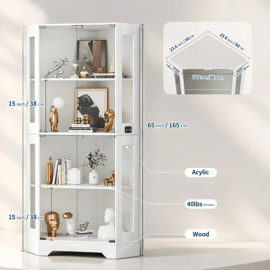 65 White Corner Collectible Curio Cabinet with Motion-Sensor 3-Color LED Light for Display and Storage