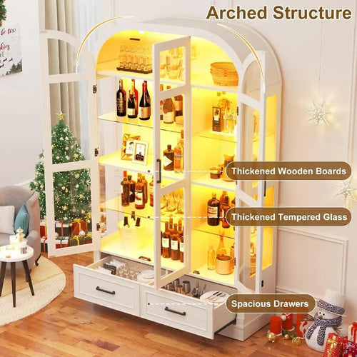 74" Arched Display Cabinet with Glass Doors and Drawers, Motion Sensor 3-Color Lights, Glass Curio Cabinet, 5-Tier Showcase for