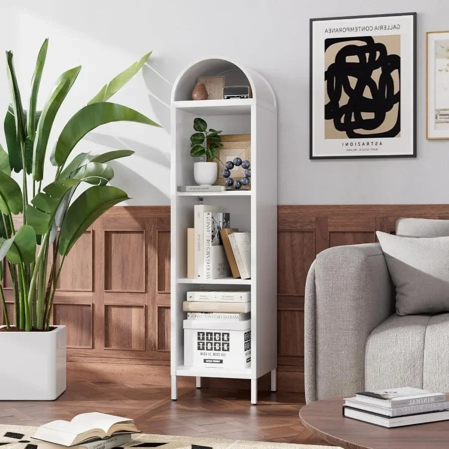 63 Metal Arched Bookshelf for Living Room, White Powder-Coated Steel, Space-Saving Narrow Open Display Cabinet with Rust-Resist