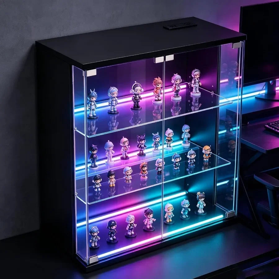 Display Cabinet for Living Room, Tempered Glass, White, 3-Tier Curio Cabinet with Adjustable Shelves and Built-in LED Light