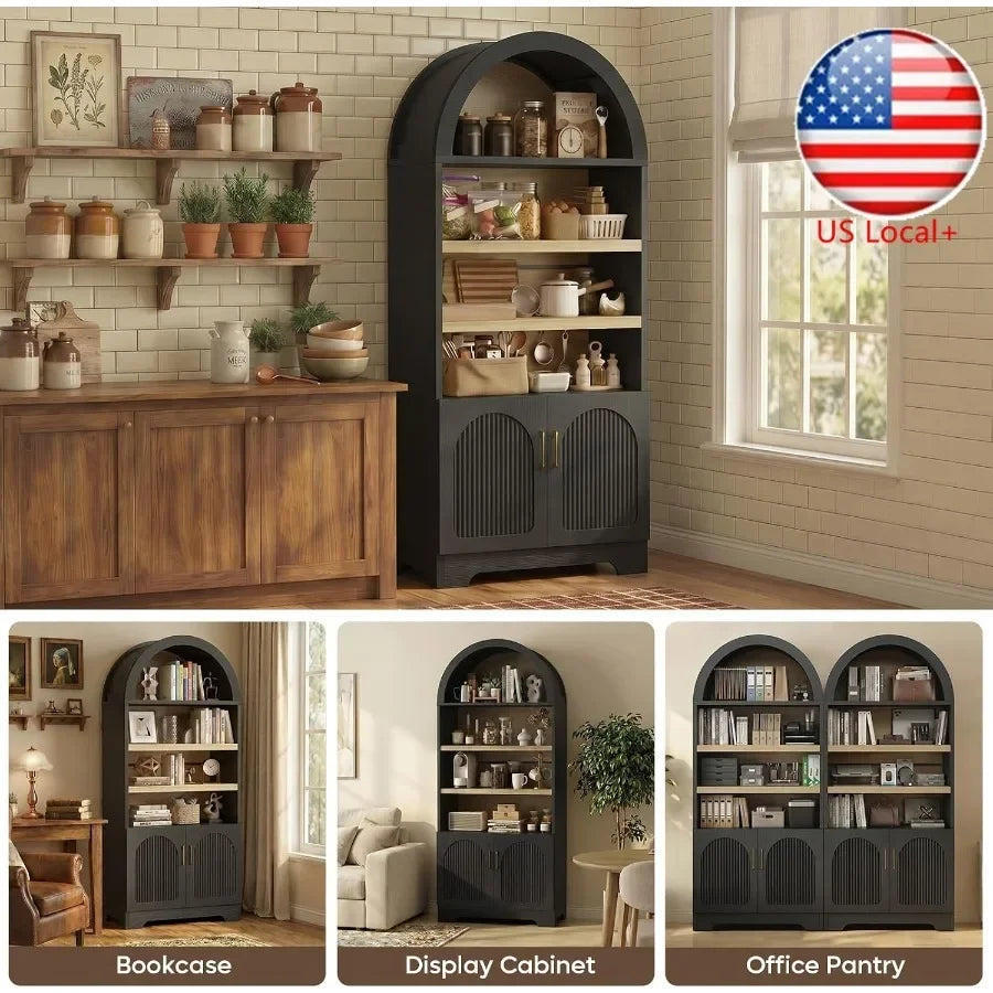 71 Tall Arched Kitchen Pantry for Home Storage, MDF with Black Finish, Space-Saving Design and Smooth-Closing Doors