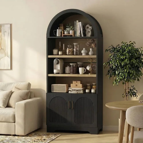 71 Tall Arched Kitchen Pantry for Home Storage, MDF with Black Finish, Space-Saving Design and Smooth-Closing Doors