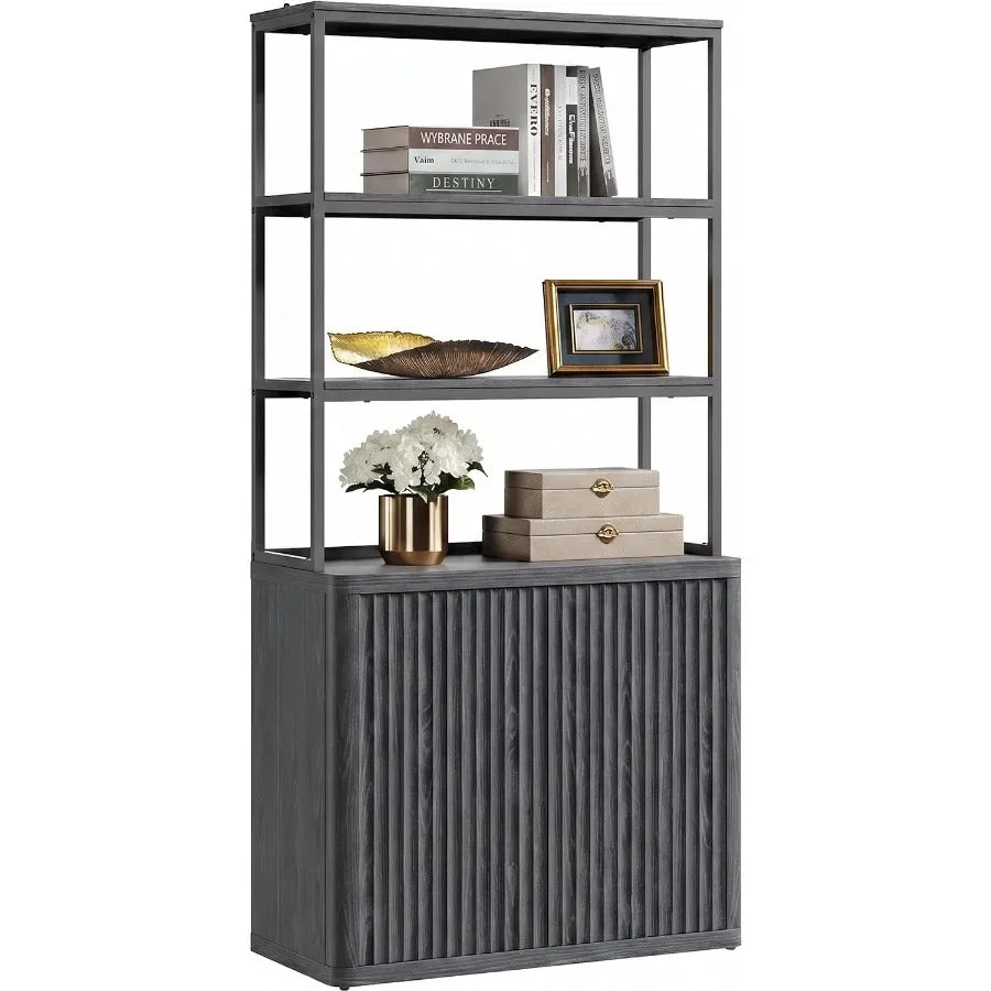 71 Tall Book Shelf with Doors, 5 Tier Bookcase for Living Room, Engineered Wood, White, Space-Saving Design with Adjustable She