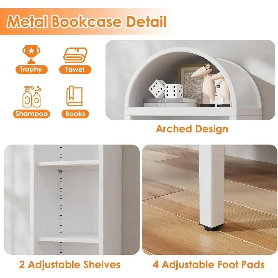 63 Metal Arched Bookshelf for Living Room, White Powder-Coated Steel, Space-Saving Narrow Open Display Cabinet with Rust-Resist