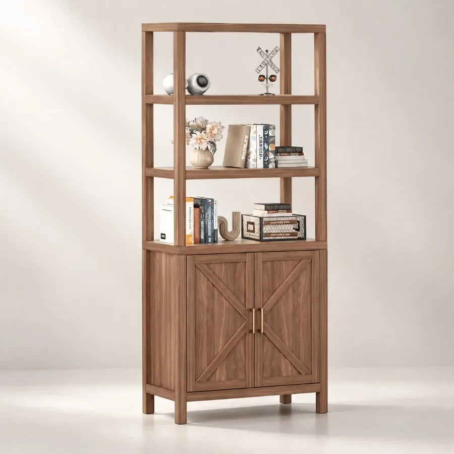 Bookcase for living room, engineered wood in walnut brown, barn door design with smooth sliding mechanism and adjustable shelve