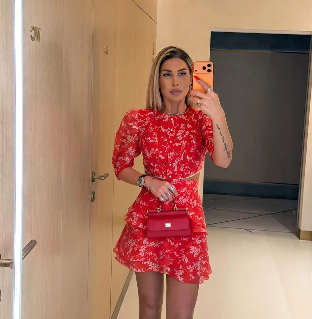 Women's Floral Print Two Piece Set 2026 New Women Puff Sleeve Crop Top + Tiered Ruffle Mini Skirt Casual Vacation Party Outfit