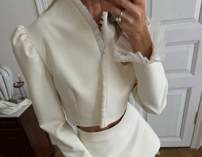 Women White Tulle Patchwork Skirt Set Solid V-neck Long Sleeve Cropped Top Slim Maxi Skirts Suit Lady 2026 Commuter Outfits