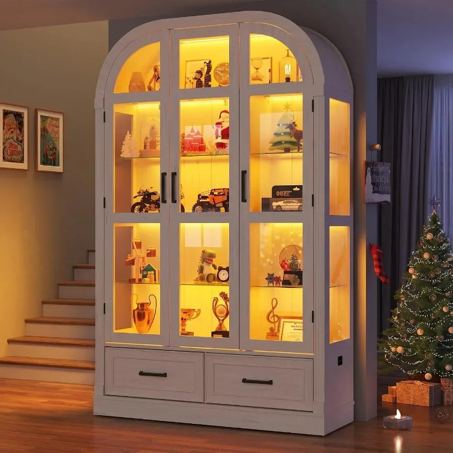 74" Arched Display Cabinet with Glass Doors and Drawers, Motion Sensor 3-Color Lights, Glass Curio Cabinet, 5-Tier Showcase for