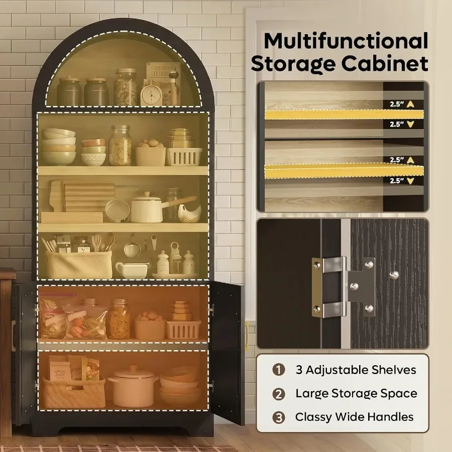 71 Tall Arched Kitchen Pantry for Home Storage, MDF with Black Finish, Space-Saving Design and Smooth-Closing Doors
