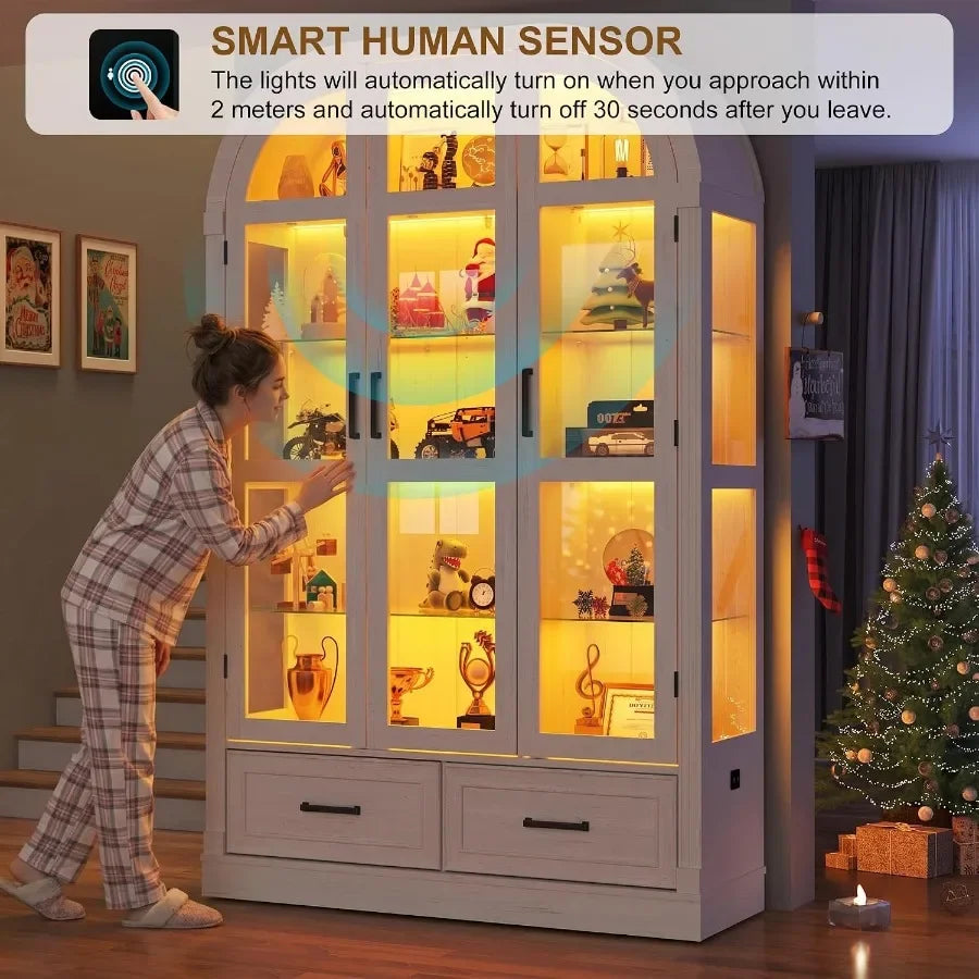 74" Arched Display Cabinet with Glass Doors and Drawers, Motion Sensor 3-Color Lights, Glass Curio Cabinet, 5-Tier Showcase for
