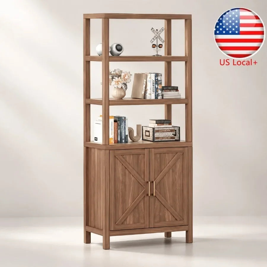 Bookcase for living room, engineered wood in walnut brown, barn door design with smooth sliding mechanism and adjustable shelve